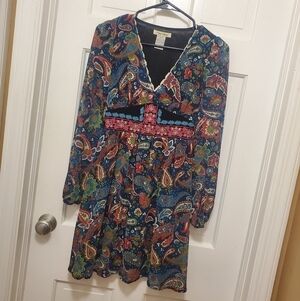 Flying Tomato Floral Paisley Print Long Sleeve Embroidered Dress Size XS